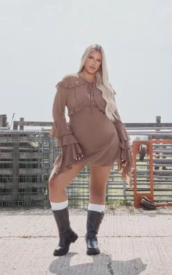 Plus Dark Brown Chiffon Ruffle Detail Long Sleeve A-line Shift Dress