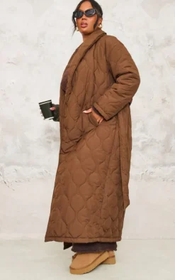 Plus Dark Brown Maxi Belted Quilted Coat
