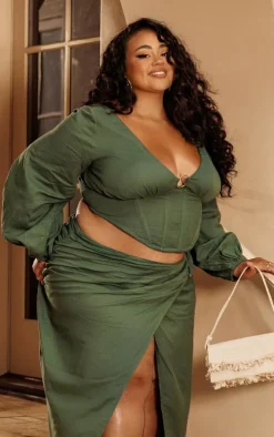 Plus Dark Green Ring Boning Long Sleeve Bardot Top