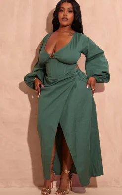 Plus Dark Green Ring Boning Long Sleeve Bardot Top