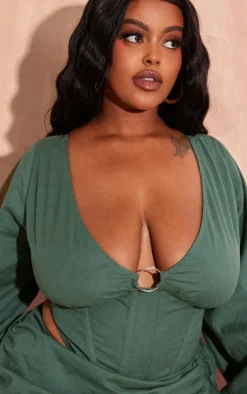 Plus Dark Green Ring Boning Long Sleeve Bardot Top