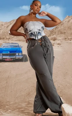 Plus Dark Grey Lace Up Detail Straight Leg Cargo Pants