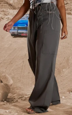 Plus Dark Grey Lace Up Detail Straight Leg Cargo Pants