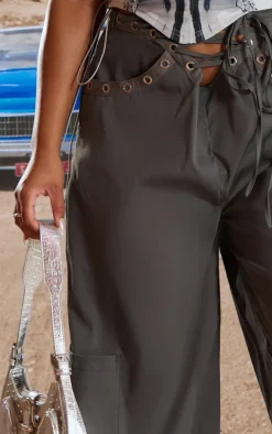 Plus Dark Grey Lace Up Detail Straight Leg Cargo Pants