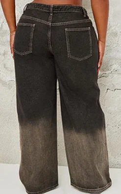 Plus Dark Grey Ombre Effect Contrast Stitch Frayed Seam Wide Leg Jeans