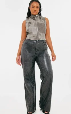 Plus Dark Grey Washed Faux Leather Panel Detail Straight Leg Pants