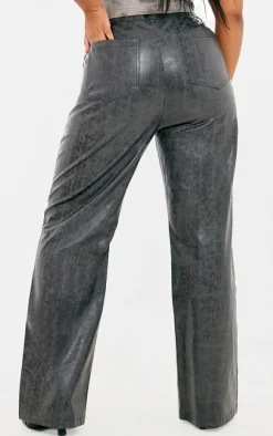 Plus Dark Grey Washed Faux Leather Panel Detail Straight Leg Pants