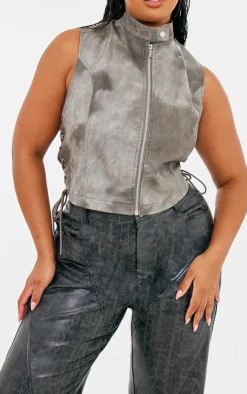 Plus Dark Grey Washed Faux Leather Panel Detail Straight Leg Pants