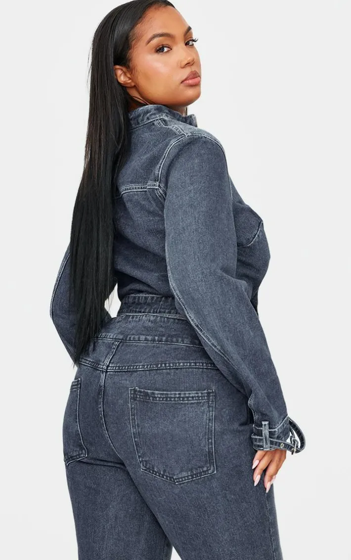 Plus Dark Indigo Buckle Detail Cropped Moto Jacket