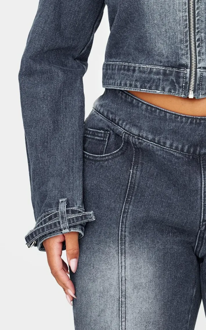 Plus Dark Indigo Buckle Detail Cropped Moto Jacket