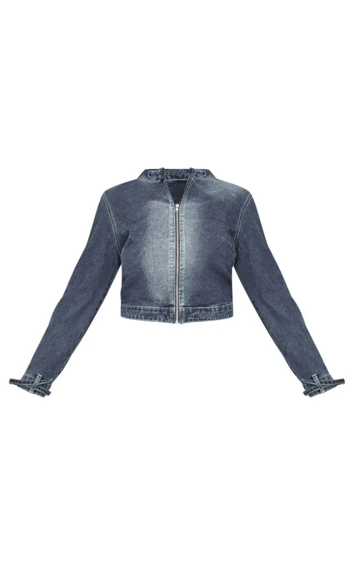 Plus Dark Indigo Buckle Detail Cropped Moto Jacket