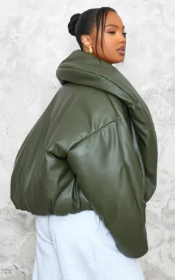 Plus Dark Khaki Exaggerated Collar PU Cropped Puffer Coat