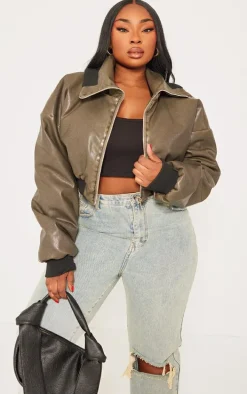 Plus Dark Khaki Faux Leather Washed Cropped Fold Over Puffer Jacket