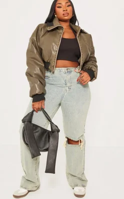Plus Dark Khaki Faux Leather Washed Cropped Fold Over Puffer Jacket