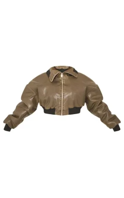 Plus Dark Khaki Faux Leather Washed Cropped Fold Over Puffer Jacket