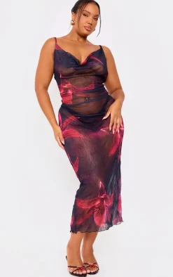 Plus Dark Purple Large Floral Print Crinkle Mesh Cowl Neck Midi Dress