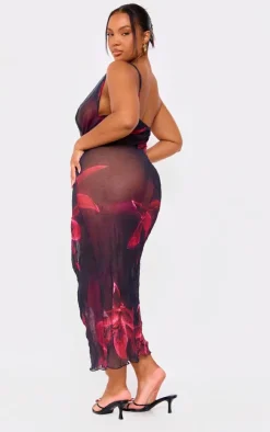 Plus Dark Purple Large Floral Print Crinkle Mesh Cowl Neck Midi Dress