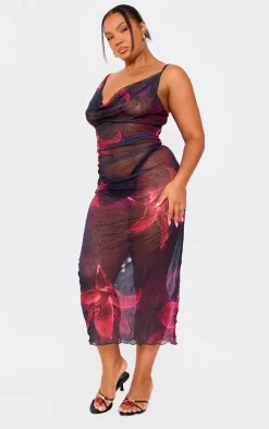 Plus Dark Purple Large Floral Print Crinkle Mesh Cowl Neck Midi Dress