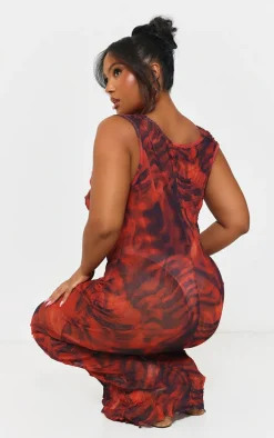 Plus Dark Red Abstract Print Crinkle Mesh Cowl Neck Maxi Dress