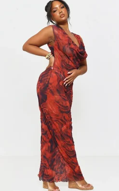 Plus Dark Red Abstract Print Crinkle Mesh Cowl Neck Maxi Dress