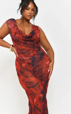 Plus Dark Red Abstract Print Crinkle Mesh Cowl Neck Maxi Dress