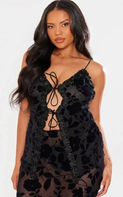 Plus Deep Black Devore Tie Frill Detail Top