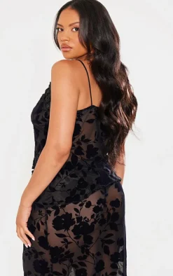 Plus Deep Black Devore Tie Frill Detail Top