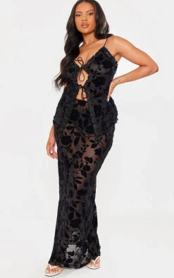 Plus Deep Black Devore Tie Frill Detail Top