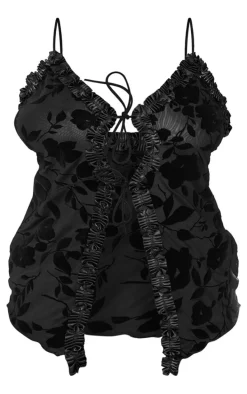 Plus Deep Black Devore Tie Frill Detail Top