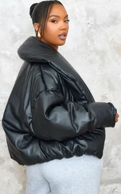 Plus Deep Black Exaggerated Collar PU Cropped Puffer Coat