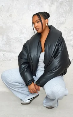 Plus Deep Black Exaggerated Collar PU Cropped Puffer Coat