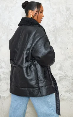 Plus Deep Black Washed Borg Trim Belted Jacket