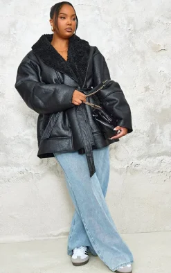 Plus Deep Black Washed Borg Trim Belted Jacket