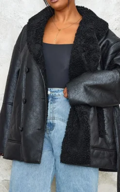 Plus Deep Black Washed Borg Trim Belted Jacket