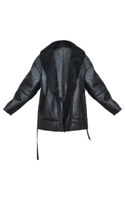 Plus Deep Black Washed Borg Trim Belted Jacket