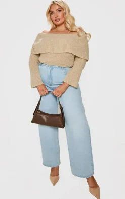 Plus Deep Nude Bardot Boucle Knit Crop Top