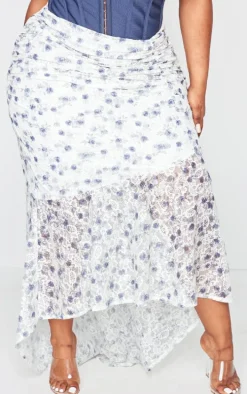 Plus Dusty Blue Floral Printed Lace Frill Hem Maxi Skirt