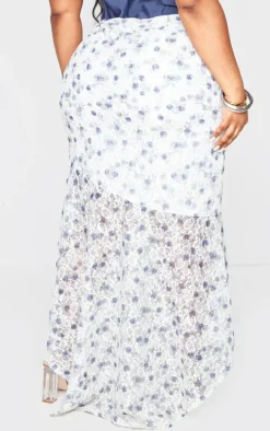 Plus Dusty Blue Floral Printed Lace Frill Hem Maxi Skirt