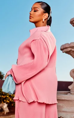 Plus Dusty Pink Plisse Button Front Oversized Shirt