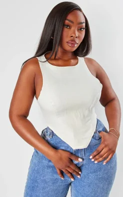 Plus Ecru Dipped Front Denim Crop Top