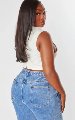 Plus Ecru Dipped Front Denim Crop Top