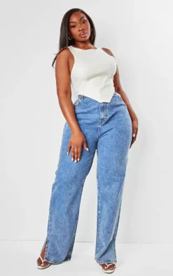 Plus Ecru Dipped Front Denim Crop Top