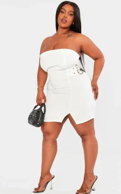 Plus Ecru Double Buckle Detail Denim Bodycon Dress