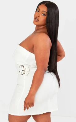 Plus Ecru Double Buckle Detail Denim Bodycon Dress