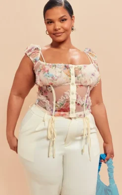 Plus Ecru Mesh Tie Detail Boned Corset Top