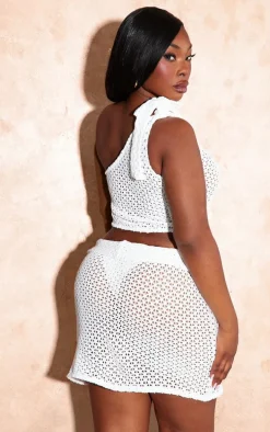 Plus Ecru One Shoulder Knit Look Crop Top