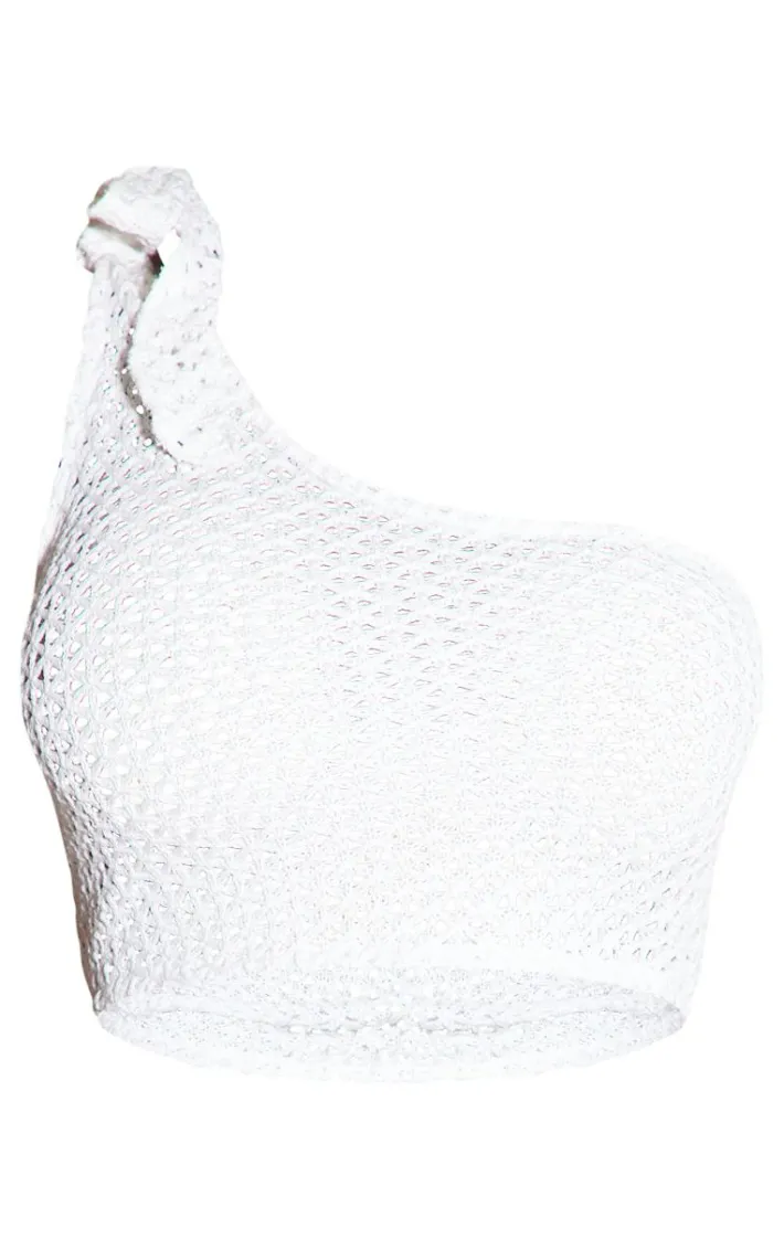 Plus Ecru One Shoulder Knit Look Crop Top