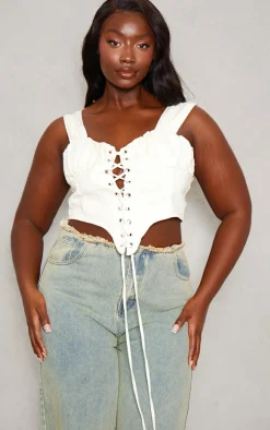 Plus Ecru Ruched Bust Detail Denim Lace Up Corset