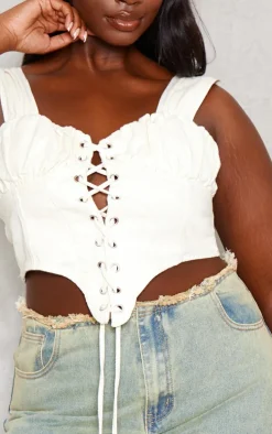 Plus Ecru Ruched Bust Detail Denim Lace Up Corset