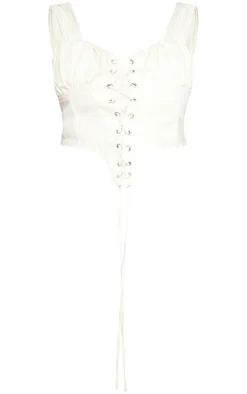 Plus Ecru Ruched Bust Detail Denim Lace Up Corset